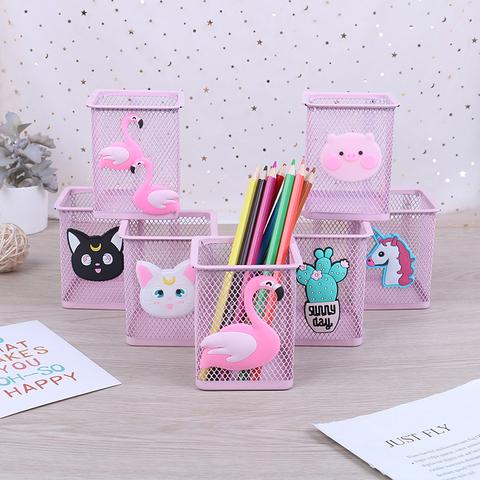 Stationery Container Office School Supplies 1pc Pink Metal Pen Holder Office Organizer Cosmetic Square Pencil Pen Stand Holders ► Photo 1/6