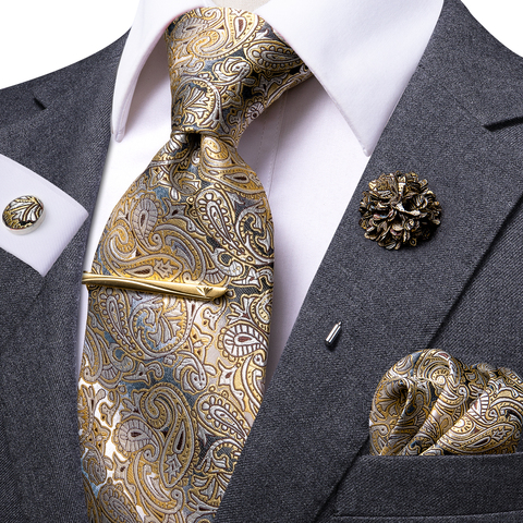 Hi-Tie Yellow Brown Paisley Tie For Men Silk Men's Tie Clip Gift For Men Luxury Necktie Hanky Cufflinks Set Formal Wedding ► Photo 1/6