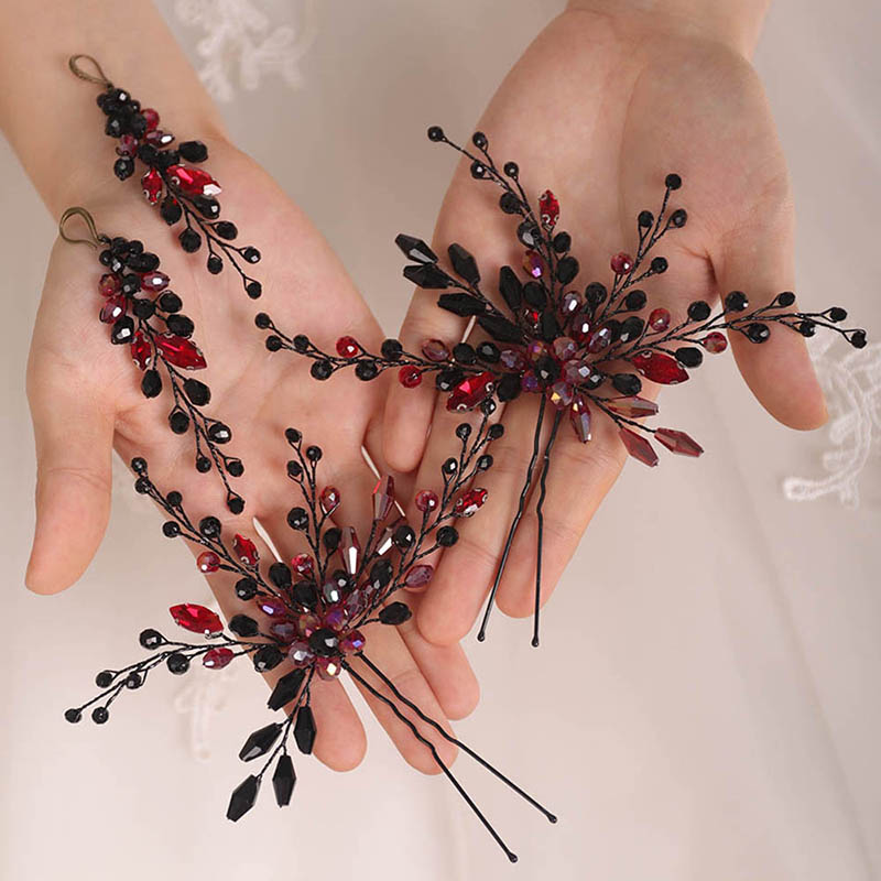 Buy Online Bohe Hair Accessories Set Of Black Hair Pin And Earrings Crystal Headpieces Bridal Head Jewelry Wedding Hairstyle Set For Women Alitools