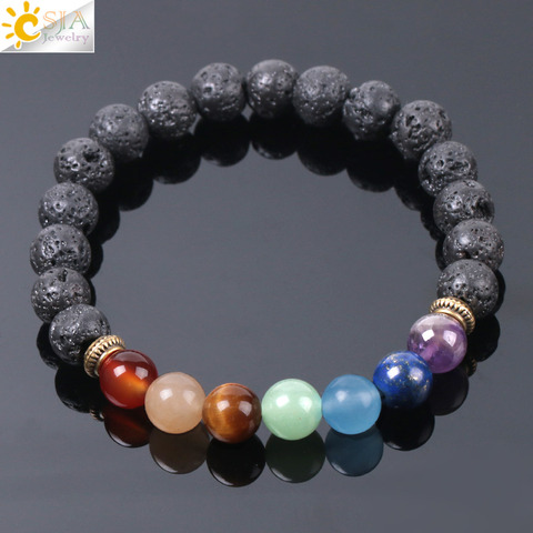 CSJA Natural Black Lava Beads Men Bracelets Muti-color 7 Chakra Mala Stone Prayer Meditation Diffuser Energy Reiki Jewelry E955 ► Photo 1/6