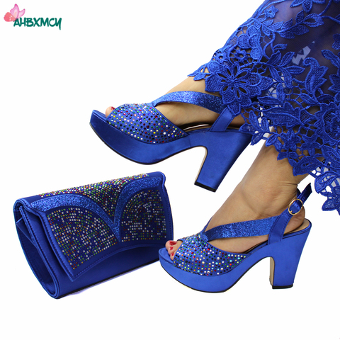 Latest Sexy Women High Quality Italian Ladies Shoes and Bag Set in Royal Blue Color with Shinning Crystal for Wedding ► Photo 1/6