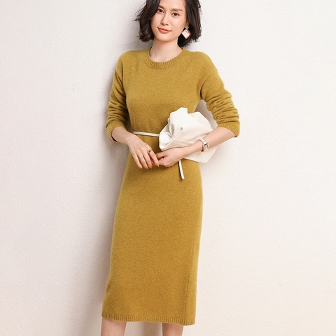 High-end New 100% Pure Cashmere Long Sweater Dress Women Sexy Knitted Dresses Female Fashion O-Neck Elasticity 7Colors Pullover ► Photo 1/6