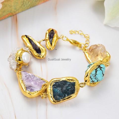 GuaiGuai Jewelry Natural Semi Precious Stone Rough Raw With Gold Color Plated Edges Bracelet ► Photo 1/6