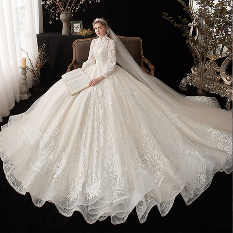 High Neck Long Sleeve Pearls Flowers All Over Appliques Lace Princess Ball Gown Wedding Dresses Plus Size Robe De Mariage ► Photo 1/6