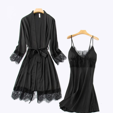 Nighty Robe Set Womens 2PCS Nightshirts Sleep Suit V-Neck Pajamas Silky Sleepwear Homewear Wear Home Nightdress Negligee Gown ► Photo 1/6