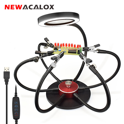 NEWACALOX Soldering Iron Holder USB LED Lights 3X Magnifying Glass 6 pcs Flexible Arms Soldering Station Third Hand Welding Tool ► Photo 1/6