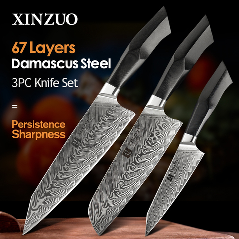 XINZUO 3 Pcs Knife Sets Damascus Steel VG10 Core Blade Razor Sharp Kitchen Santoku Knives G10 Handle Meat Slicer Cutting Knife ► Photo 1/1