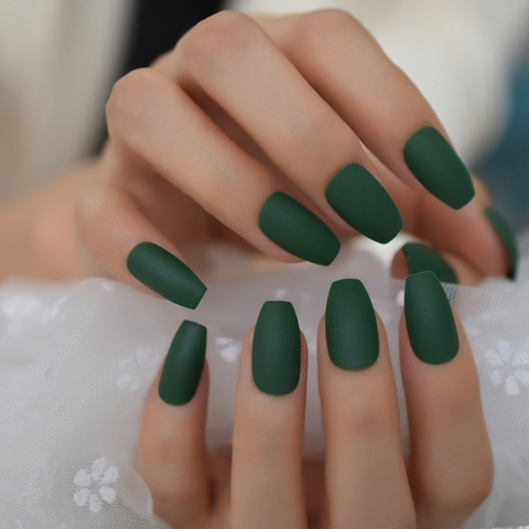Wholesale Ballerina Coffin Fake Nails Matte Green Flat Pree on False Nail Tips Daily Wear Faux Ongle Free Sticker 15 Colors ► Photo 1/6