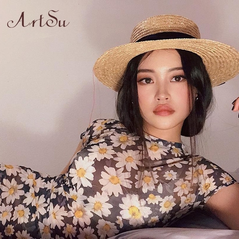 Artsu Boho 2022 Short Sleeve Daisies Print Mesh see-through Sexy Maxi Dress Summer Women Floral Vestido Outfits Ladies Dresses ► Photo 1/6