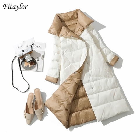 Fitaylor 2022 Winter Women Turtleneck White Duck Down Coat Double Breasted Warm Parkas  Double Sided Down Long Jacket ► Photo 1/6