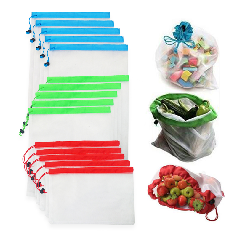 12pcs Reusable Produce Mesh Bags Rope Vegetable Fruit Toys Storage Pouch Bag US 