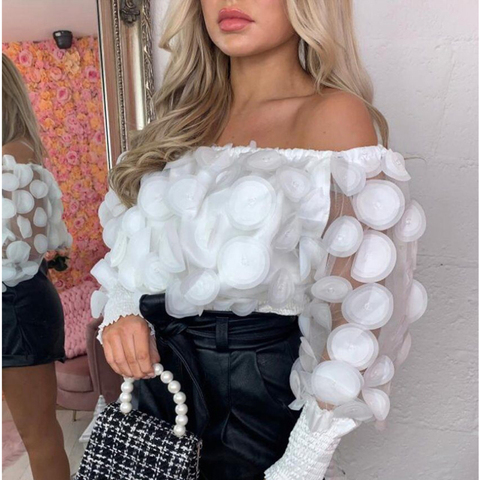 Sexy Off Shoulder womens tops and blouses 2022 Mesh Sheer Puff Sleeve Tops Summer 3D Flower Vintage White Women Shirt Blouse ► Photo 1/6