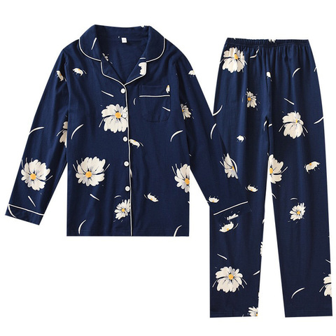 2022 Spring New Wpmen Full Cotton Turn-down Collar Pajamas Set Floral Printed Simple Style Homewear Full Sleeve Navy  Sleepwear ► Photo 1/5