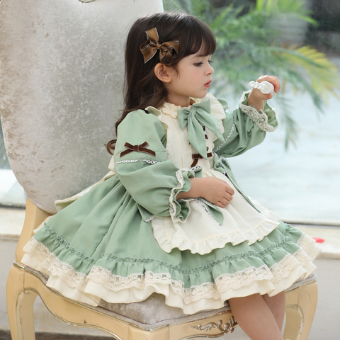 1 2 3 4 5 6 Years Girls Dress For Christmas 2022 Kids Girls Long Sleeve Princess Vintage Green Lolita Apron Dress Winter Fall ► Photo 1/6