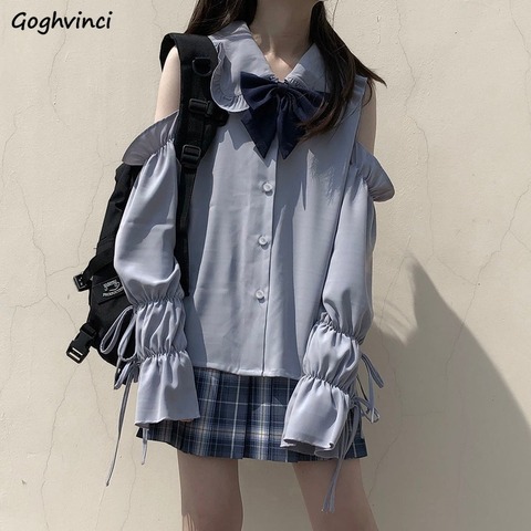 Women Shirts Off Shoulder Peter Pan Collar Sweet Lolita Style Lovely Solid Long Lantern Sleeve Bow Lace Up Female Leisure Trendy ► Photo 1/6