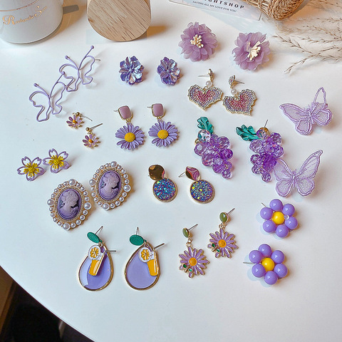 2022 Unique Design Purple Flowers Butterfly Drop Earrings for Women Sweet Fairy Mystery Shiny Crystal Resin Yarn Earring Jewelry ► Photo 1/6