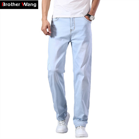 Plus Size 40 42 44 Men's Light Blue Jeans 2022 New Loose Straight Advanced Stretch Denim Pants Male Brand Clothes ► Photo 1/6