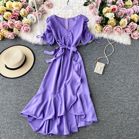 Vintage ruffles slim 2022 v neck Summer Drawstring midi long Dress irregular bandage Women dress Party elegant tunic beach dress ► Photo 1/6