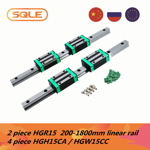 EU warehouse Linear Guides 2 pcs HGH15 / HGR15 200-1800mm linear rails + 4 pcs HGH15CA / HGW15CC slides carriages with nipple ► Photo 1/5