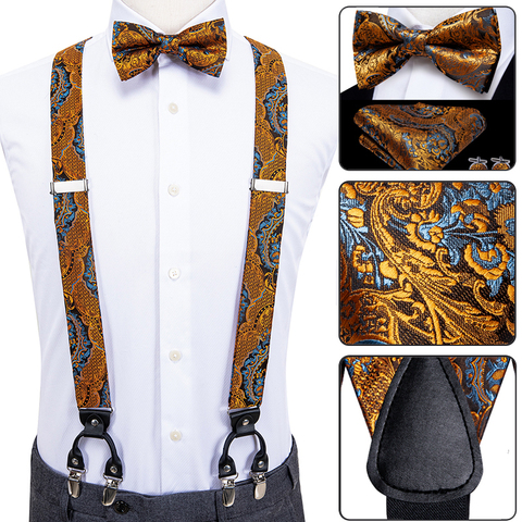 Luxury Silk Adult Men's Suspenders Leather Metal 6 Clips Braces Men's Wedding Party Bow Tie and Vintage Elastic Suspenders Men ► Photo 1/6