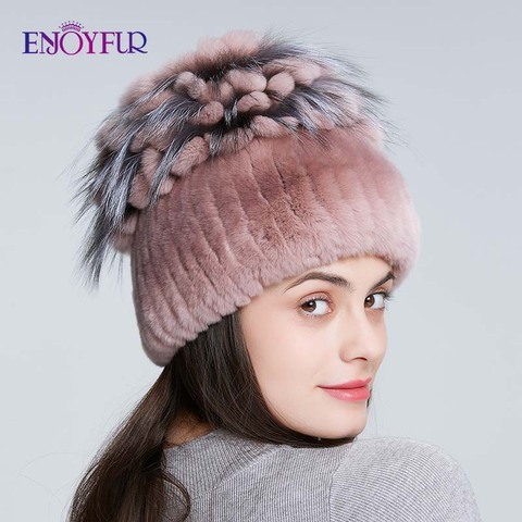 ENJOYFUR Women fur hats for winter natural rex rabbit fox fur cap russian female fur hat fashion warm beanies ► Photo 1/6