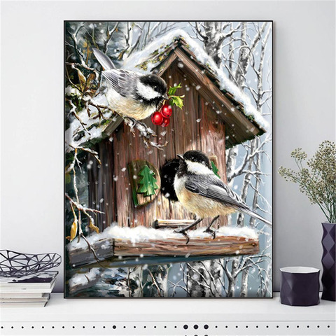 HUACAN Cross Stitch Bird Animal Needlework Sets For Full Embroidery Winter Scenery Kits White Canvas 14CT DIY Home Decor 40x50cm ► Photo 1/6