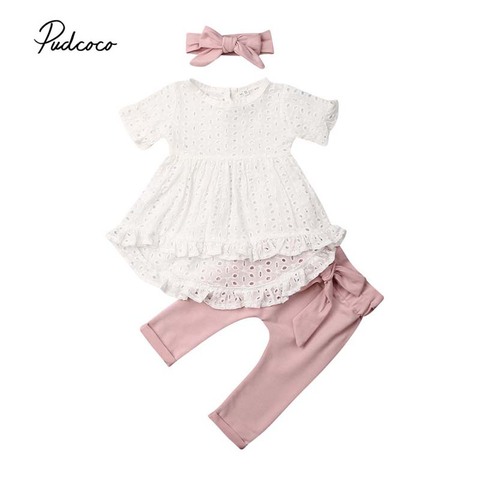 2022 Baby Summer Clothing Newborn Kids Baby Girls Clothes Lace Top Hollow Out T-Shirt Dress Pants Leggings 3Pcs Outfit Set ► Photo 1/6