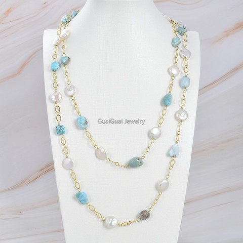 49'' Freshwater Coin Pearl Natural Blue Larimar Chain Long Necklace ► Photo 1/6