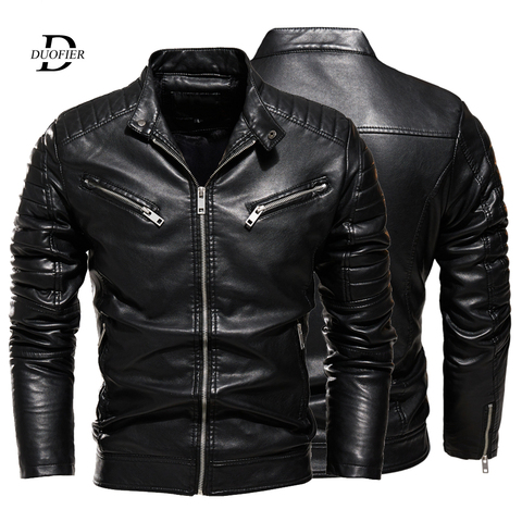 2022 Winter Black Leather Jacket Men Fur Lined Warm Motorcycle Jacket Slim Street Fashion BLack Biker Coat Pleated Design Zipper ► Photo 1/6