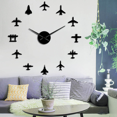 Flying Plane Fighter Jet Modern DIY Giant Wall Clock Acrylic Mirror Surface Sticker Airplane Wall Clock Aviator Pilot Home Decor ► Photo 1/6