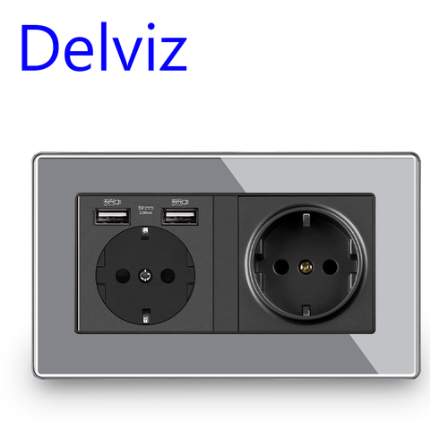 Delviz EU Standard USB socket, 5V 2A Quality USB charging hole, Gray acrylic Crystal Panel,110~250V 16A Power Wall Double Outlet ► Photo 1/4