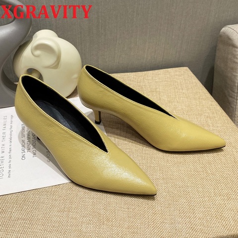 XGRAVITY Sexy Autumn New Designer Vintage Evening Shoes Ladies Fashion Pointed Toe V Cut Woman Shoes High Heel Pumps Sexy C323 ► Photo 1/6