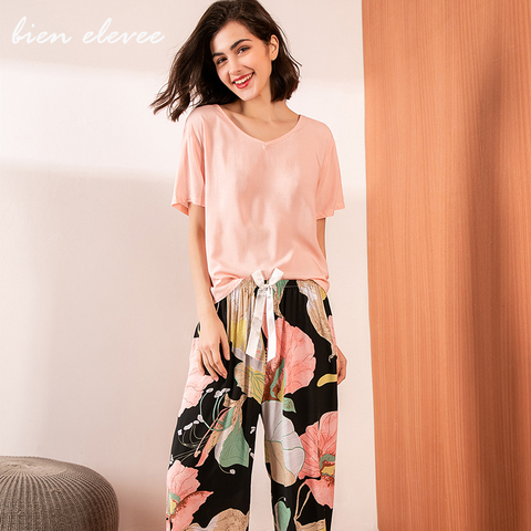 Summer Pajamas Set Women Sleepwear Female Casual Floral Printed Contrasting Color Pyjamas Tops with Long Trousers Home Clothing ► Photo 1/6