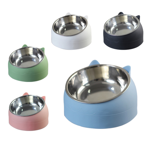 Cat Dog Bowl 15 Degrees Tilted Stainless Steel Cat Bowl safeguard Neck Puppy Cats Feeder Non-slip Crashworthiness Base Pet Bowls ► Photo 1/6