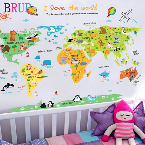 11 Kinds Large World Map Wall Stickers Cartoon Map Home Decor for Kids Room Vinyl DIY Wall Decals Travel Round The World Sticker ► Photo 1/6