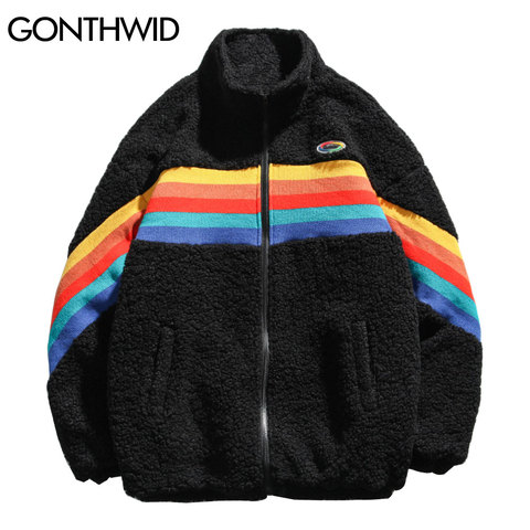 GONTHWID Fleece Parka Jackets Rainbow Color Block Patchwork Zipper Cotton Padded Coats Winter Thick Warm Hip Hop Harajuku Tops ► Photo 1/6