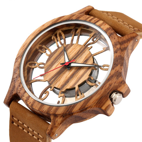 Transparent Hollow Arabic Numerals Display Men's Wood Watches Chic Fashion Male Quartz Genuine Leather Timepiece New 2022 ► Photo 1/6