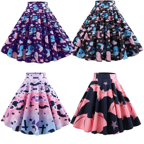 Ghost Bat Print Halloween Midi Skater Skirt Women High Waist Hepburn Vintage Skirts Casual Cotton A-Line Party women's Clothing ► Photo 1/6