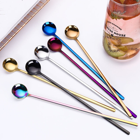 New Long Handle Round Spoon Milk Tea Coffee Stirring Scoop Stainless Steel Coffee Spoon Dessert Spoon Cafe Kitchen Tableware ► Photo 1/5