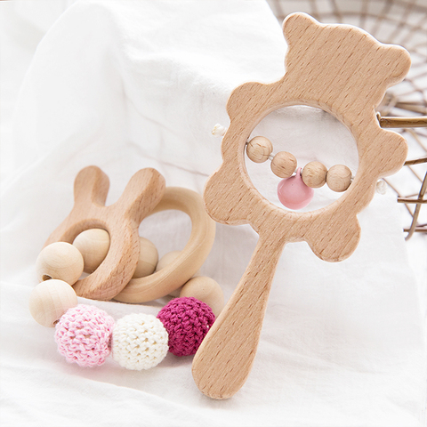2pcs/Set Baby Wooden Teether Beech Rattle Toys Teething Bracelet Wood Ring Animal Pendant Gym Play Stroller Toys Baby Products ► Photo 1/6