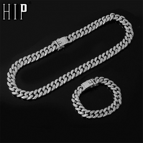 Hip Hop Iced Out Paved Rhinestones 1Set 13MM Full Miami Curb Cuban Chain CZ Bling Rapper Necklaces For Men Jewelry ► Photo 1/6