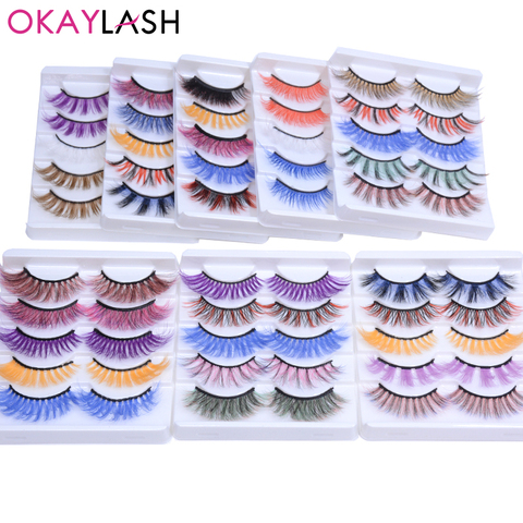 OKAYLASH 5 Pairs Bundle Sale Colored 3D Mink Eyelashes Red Pink Blue Mix Colors Lash Set  Wholesale Rainbow Cilias in Bulk ► Photo 1/6