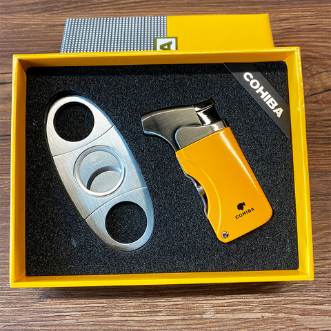 COHIBA Cigar Lighter Cutter Accessories Set Metal Windproof Butane Gas C Torch Lighters Stainless Steel Sharp Cigar Punch ► Photo 1/6