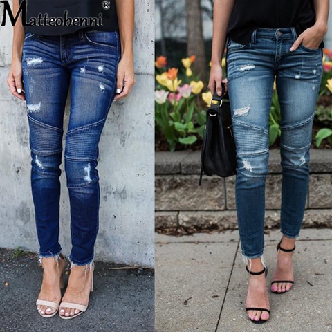 Fashion Mid Waist Skinny Jeans Women Vintage Distressed Denim Pants Autumn Crimped Destroyed Pencil Pants Casual Ripped Jeans ► Photo 1/6