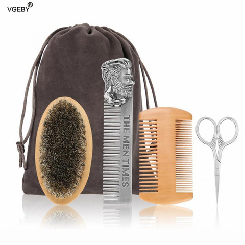 Wood Beard Kit Beard Brush Set Double-sided Styling Comb Scissor Repair Modeling Cleaning Care Kit for Men Dropshipping ► Photo 1/6