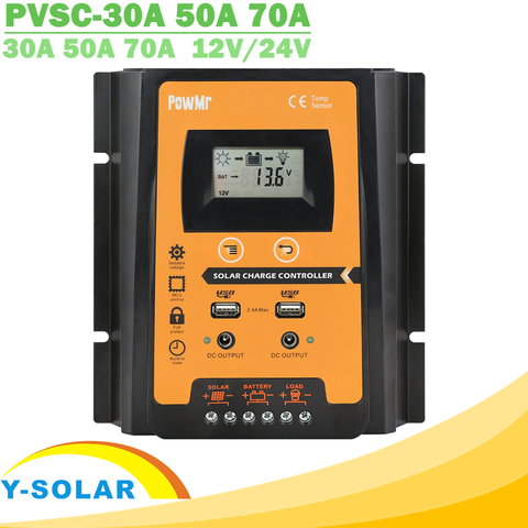 30A 50A 70A MPPT PWM Solar Charge Controller 12V 24V Dual USB Solar Regulator with Big LCD IP32 PV Battery Controller Load Timer ► Photo 1/6