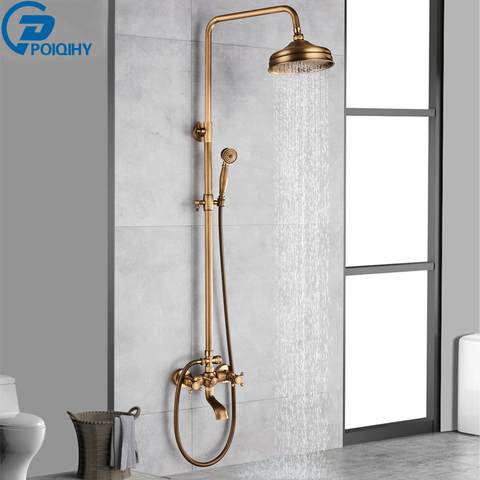 POIQIHY Antique Shower Set Wall Bathroom Bath Shower Faucet Rainfall Brass Swivel Spout Mixer Tap Sliding Bar Shower System ► Photo 1/6