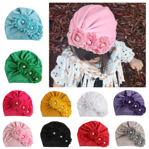 New Infant Newborn Caps with Pearl Chiffon Flowers Cotton Blend Kont Turban Girls Stretchy Beanie Hat Baby Hair Accessories ► Photo 1/6