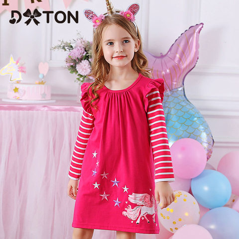 DXTON Winter Kids Dresses For Girls Flying Sleeve Unicorn Children Dress Star Stripe Toddler Cotton Clothing Causal Girls Dress ► Photo 1/6