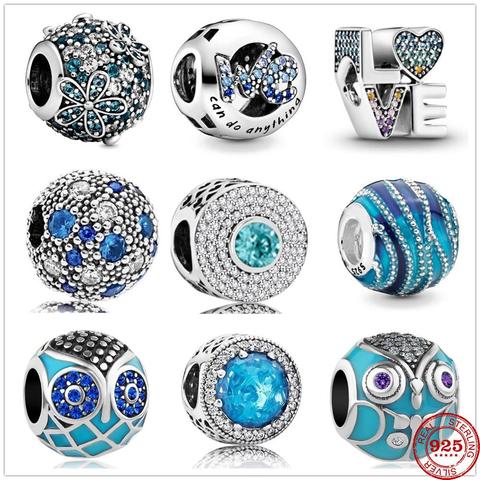 925 Sterling Silver Metal Beads Blue Wave LOVE Colorful Zirconia Dangle Charm Fit Original Pandora Charm Bracelet Jewelry Gift ► Photo 1/5